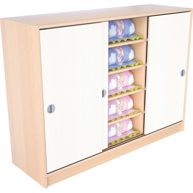 Väike voodipesukapp ustega - hele vaher, valged uksed